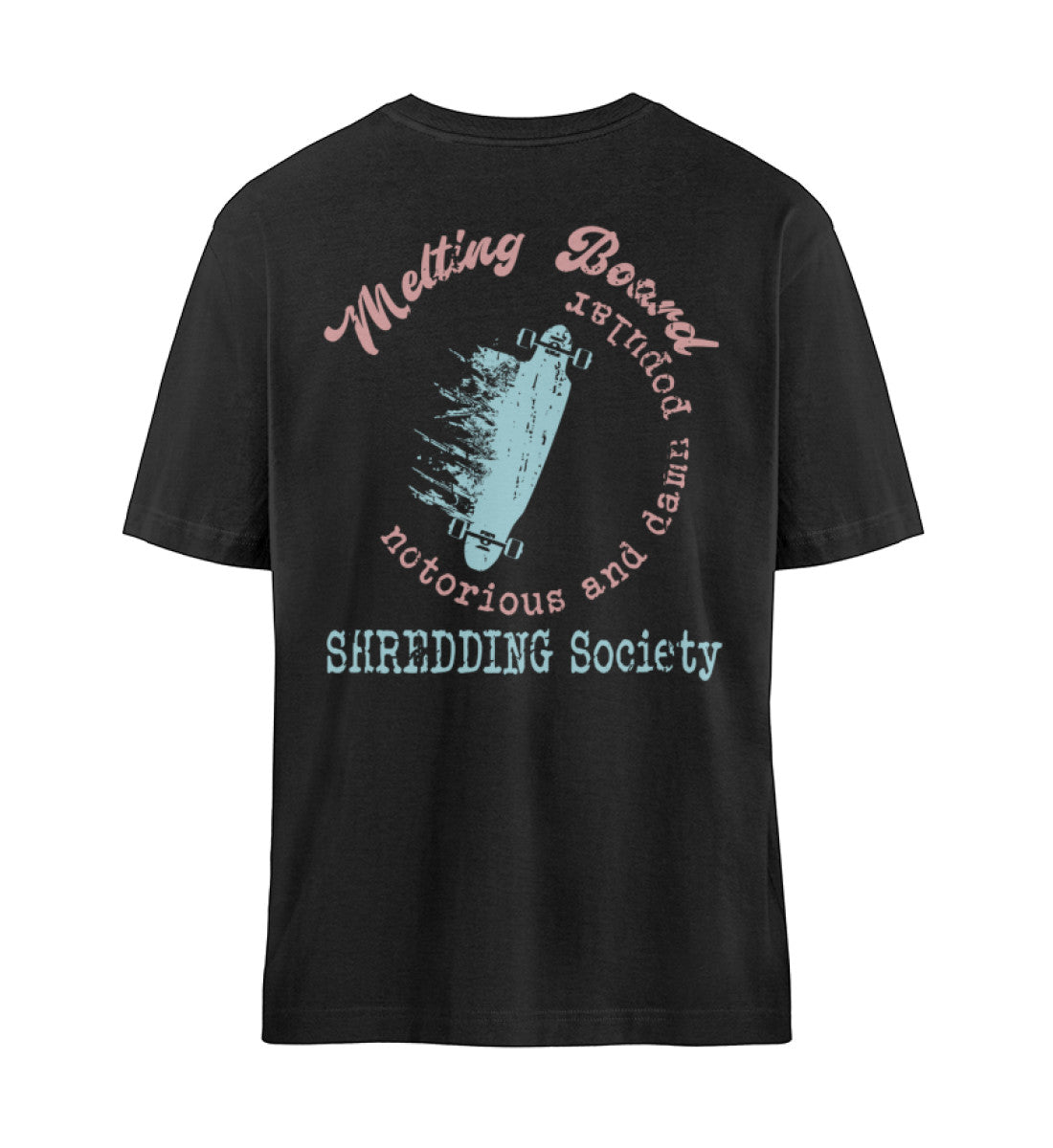 Schwarzes T-Shirt Unisex Relaxed Fit für Frauen und Männer bedruckt mit dem Design der Roger Rockawoo Kollektion Melting Skateboard