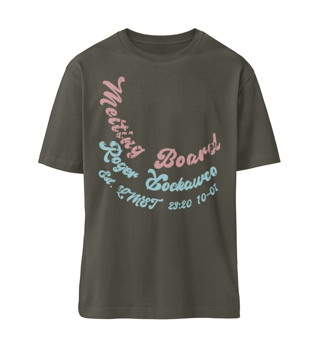 Khaki T-Shirt Unisex Relaxed Fit für Frauen und Männer bedruckt mit dem Design der Roger Rockawoo Kollektion Melting Skateboard