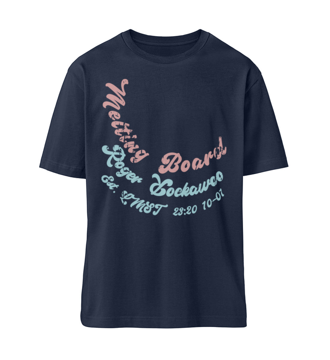 French Navy Blue T-Shirt Unisex Relaxed Fit für Frauen und Männer bedruckt mit dem Design der Roger Rockawoo Kollektion Melting Skateboard