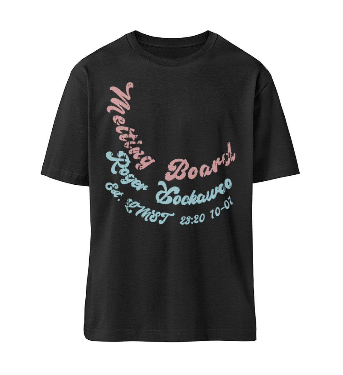 Schwarzes T-Shirt Unisex Relaxed Fit für Frauen und Männer bedruckt mit dem Design der Roger Rockawoo Kollektion Melting Skateboard