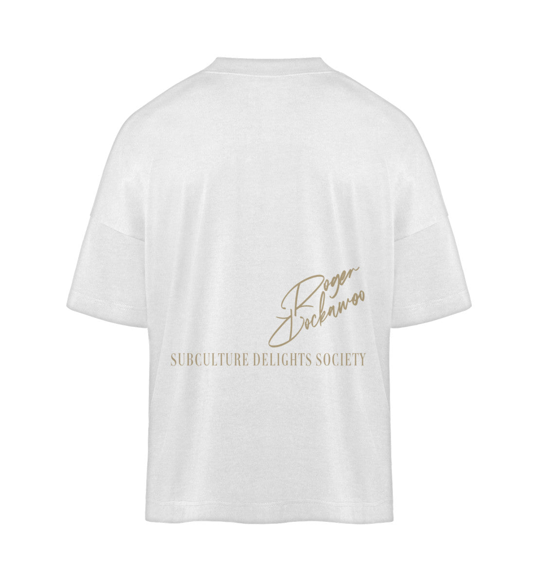Weißes T-Shirt im Unisex Oversize Fit für Frauen und Männer bedruckt mit dem Design der Roger Rockawoo Kollektion help