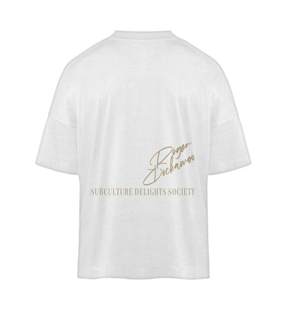 Weißes T-Shirt im Unisex Oversize Fit für Frauen und Männer bedruckt mit dem Design der Roger Rockawoo Kollektion help