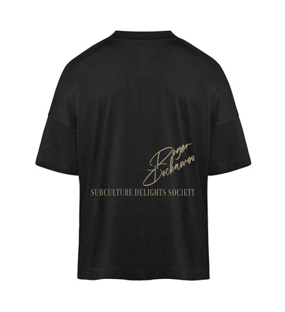 Schwarzes T-Shirt im Unisex Oversize Fit für Frauen und Männer bedruckt mit dem Design der Roger Rockawoo Kollektion help