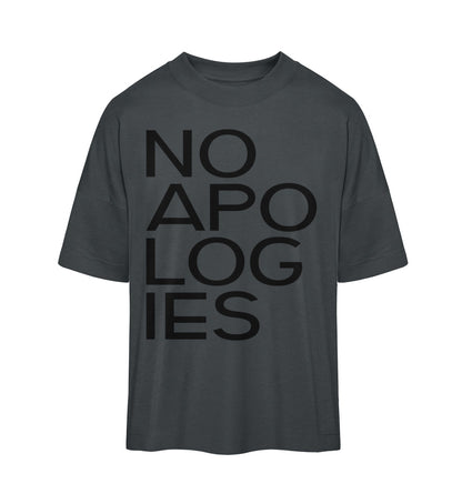 Schwarzes T-Shirt im Unisex Oversize Fit für Frauen und Männer bedruckt mit dem Design der Roger Rockawoo Kollektion No apologies