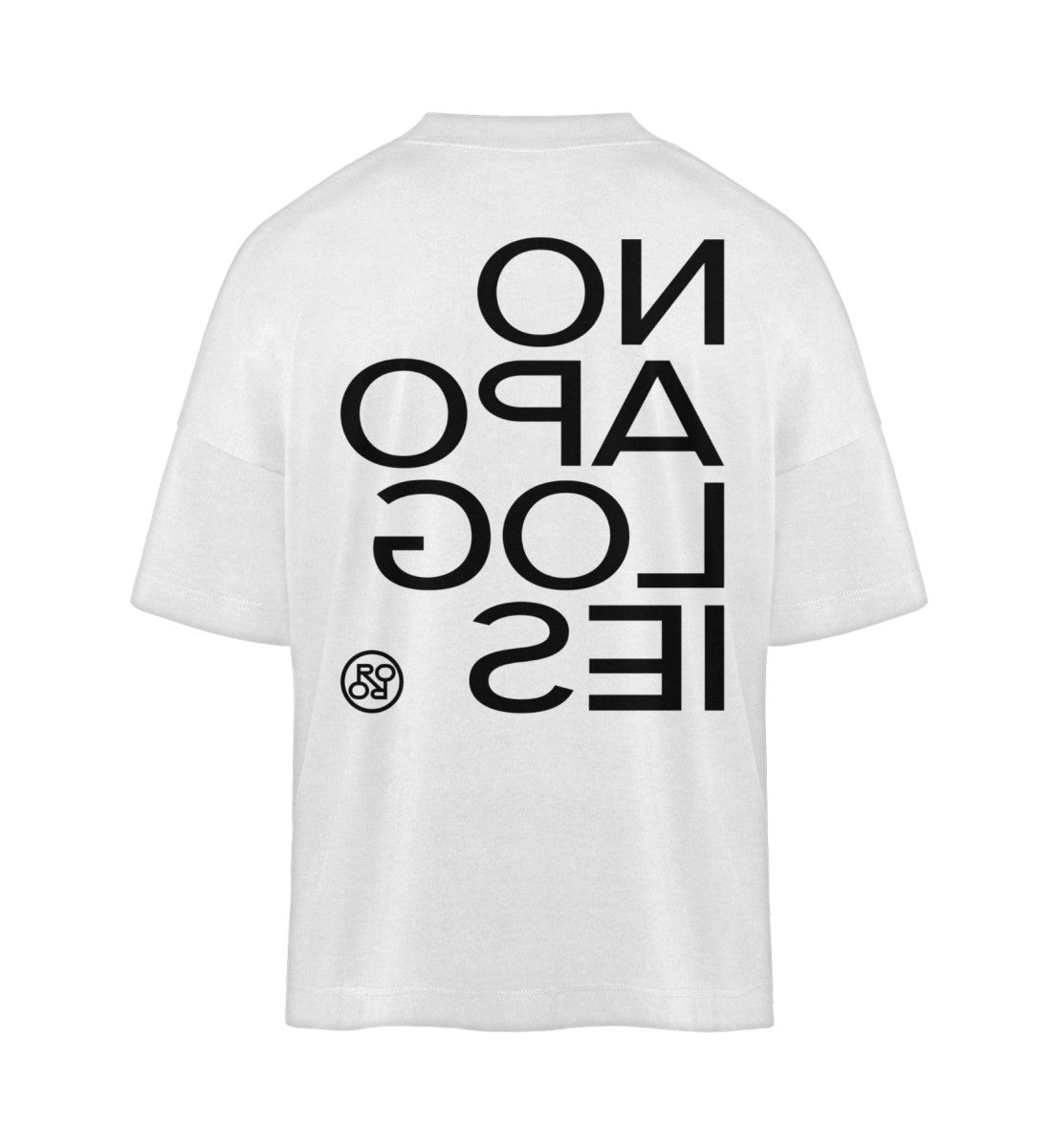 Weißes T-Shirt im Unisex Oversize Fit für Frauen und Männer bedruckt mit dem Design der Roger Rockawoo Kollektion No apologies
