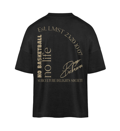 Schwarzes T-Shirt im Unisex Oversize Fit für Frauen und Männer bedruckt mit dem Design der Roger Rockawoo Kollektion no basketball no life