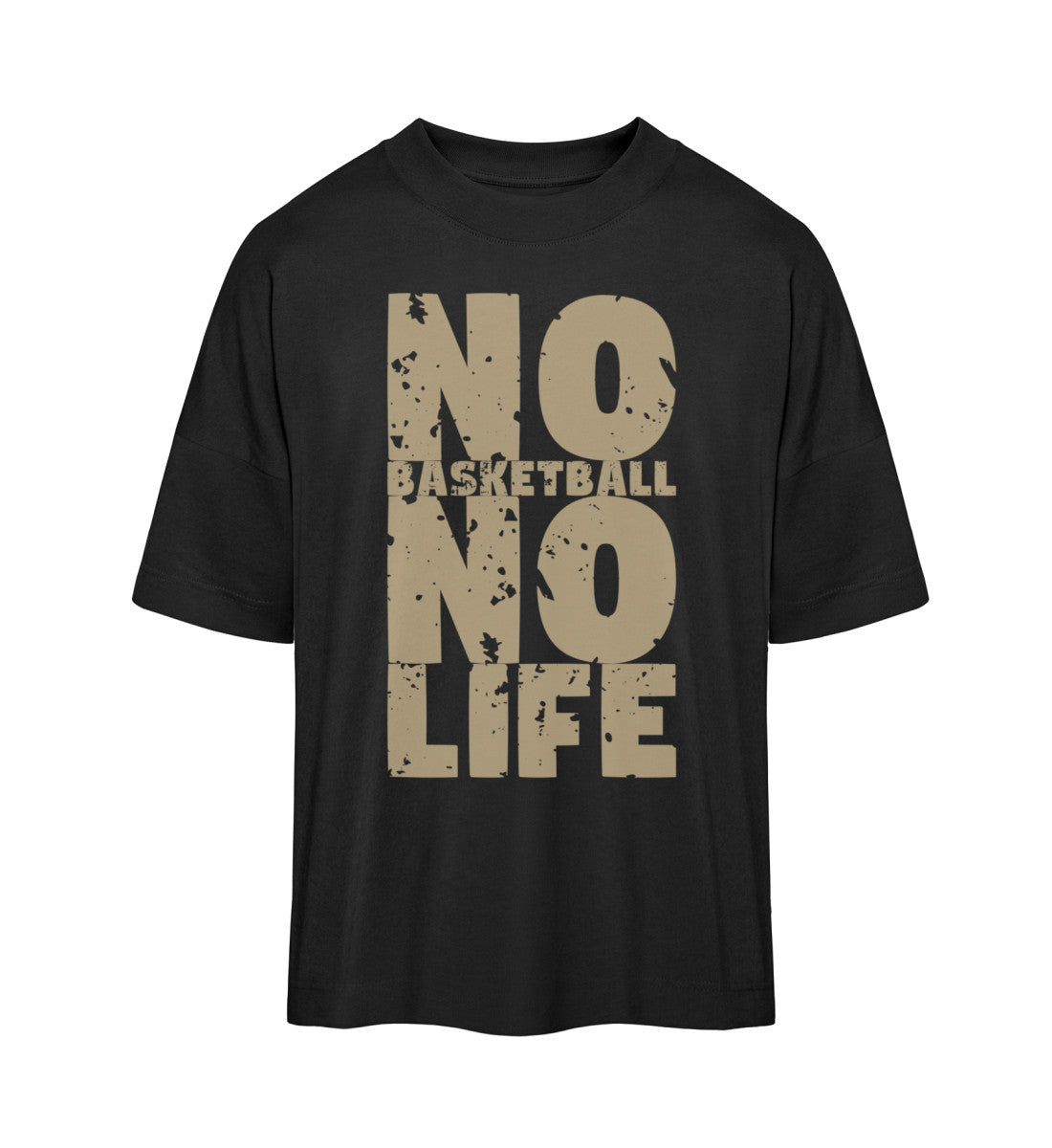 Schwarzes T-Shirt im Unisex Oversize Fit für Frauen und Männer bedruckt mit dem Design der Roger Rockawoo Kollektion no basketball no life