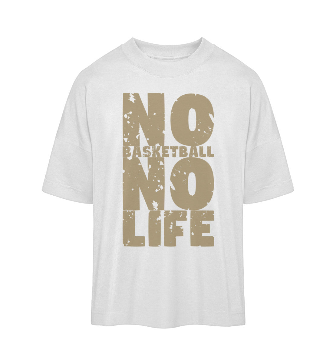 Weißes T-Shirt im Unisex Oversize Fit für Frauen und Männer bedruckt mit dem Design der Roger Rockawoo Kollektion no basketball no life
