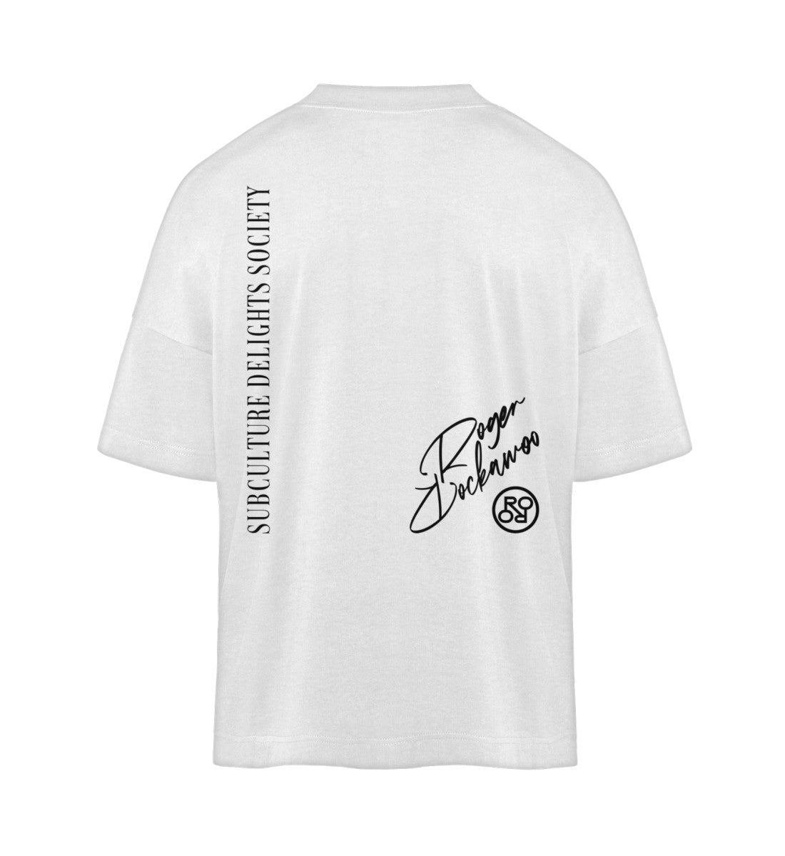 Weißes T-Shirt im Unisex Oversize Fit für Frauen und Männer bedruckt mit dem Design der Roger Rockawoo Kollektion no loitering