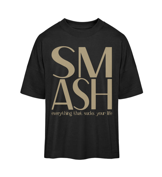 Schwarzes T-Shirt im Unisex Oversize Fit für Frauen und Männer bedruckt mit dem Design der Roger Rockawoo Kollektion Smash