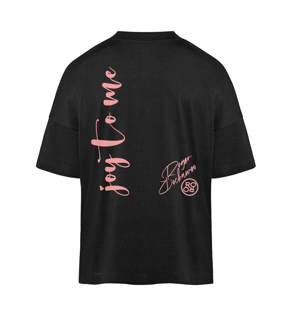Schwarzes T-Shirt im Unisex Oversize Fit für Frauen und Männer bedruckt mit dem Design der Roger Rockawoo Kollektion Joy to me