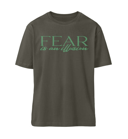 Khaki farbiges T-Shirt Unisex Relaxed Fit für Frauen und Männer bedruckt mit dem Design der Roger Rockawoo Kollektion Mountainbike fear is an illusion