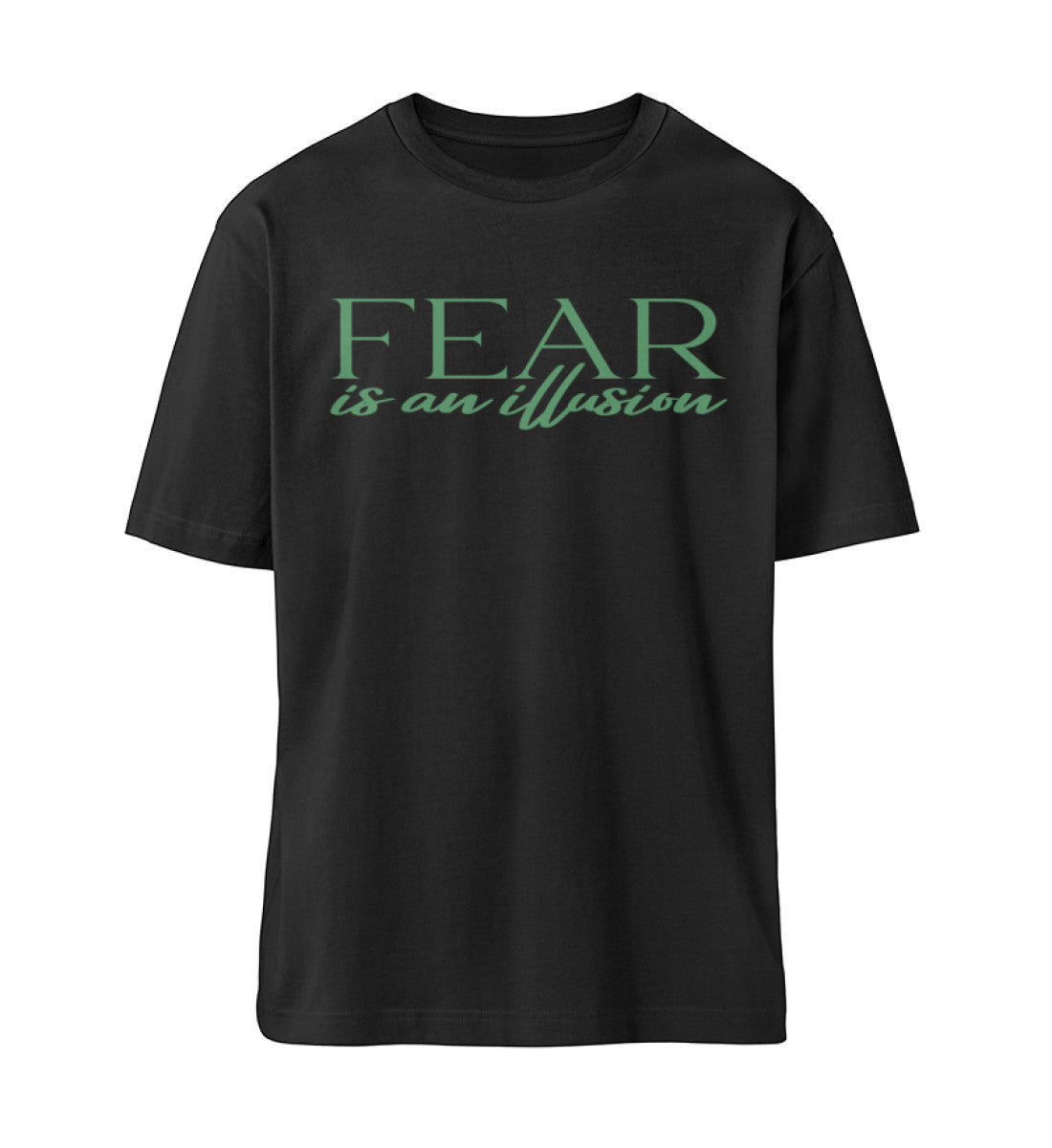Schwarzes T-Shirt Unisex Relaxed Fit für Frauen und Männer bedruckt mit dem Design der Roger Rockawoo Kollektion Mountainbike fear is an illusion