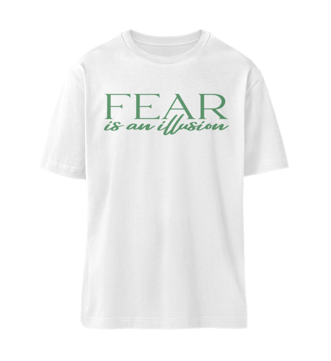 Weißes T-Shirt Unisex Relaxed Fit für Frauen und Männer bedruckt mit dem Design der Roger Rockawoo Kollektion Mountainbike fear is an illusion