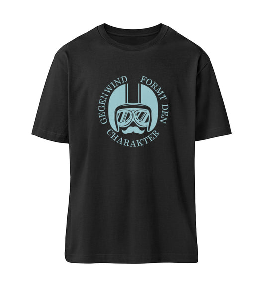 Schwarzes T-Shirt Unisex Relaxed Fit für Frauen und Männer bedruckt mit dem Design der Roger Rockawoo Kollektion Mountainbike Freeride Downhill Gegenwind formt den Charakter