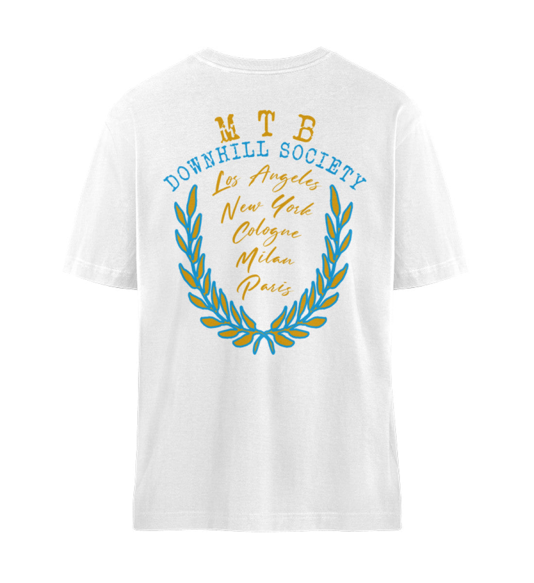 Weißes T-Shirt im Relaxed Fit Unisex für Damen und Herren bedruckt mit Print Design der Freeride Get Dirty Collection von Roger Rockawoo Clothing