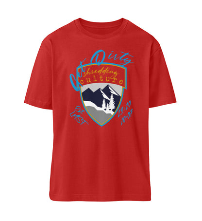Rotes T-Shirt im Relaxed Fit Unisex für Damen und Herren bedruckt mit Print Design der Freeride Get Dirty Collection von Roger Rockawoo Clothing