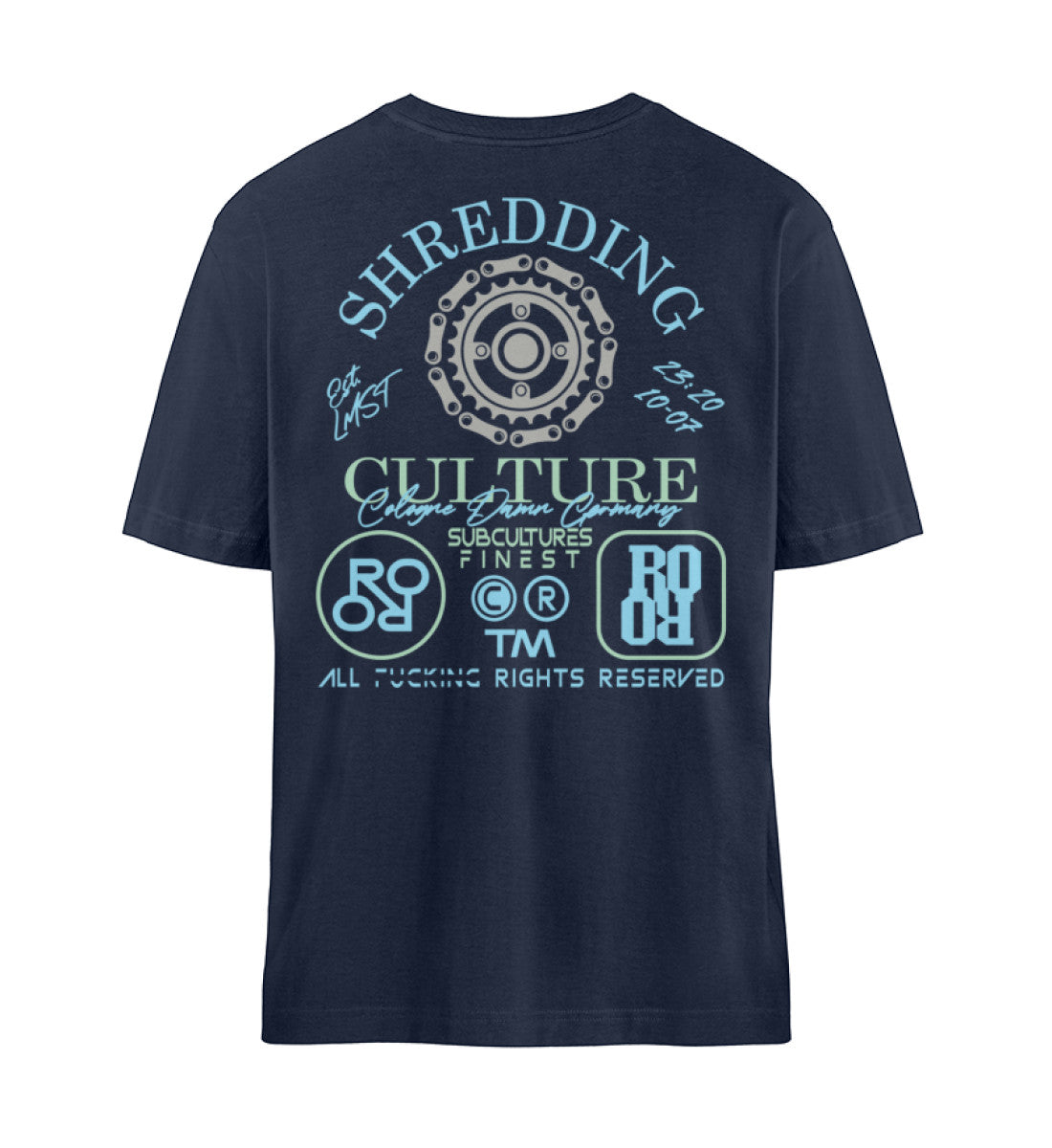Navy Blue T-Shirt Unisex Relaxed Fit für Damen und Herren bedruckt mit dem Design der Roger Rockawoo Kollektion Mountainbike Shredding Culture Community