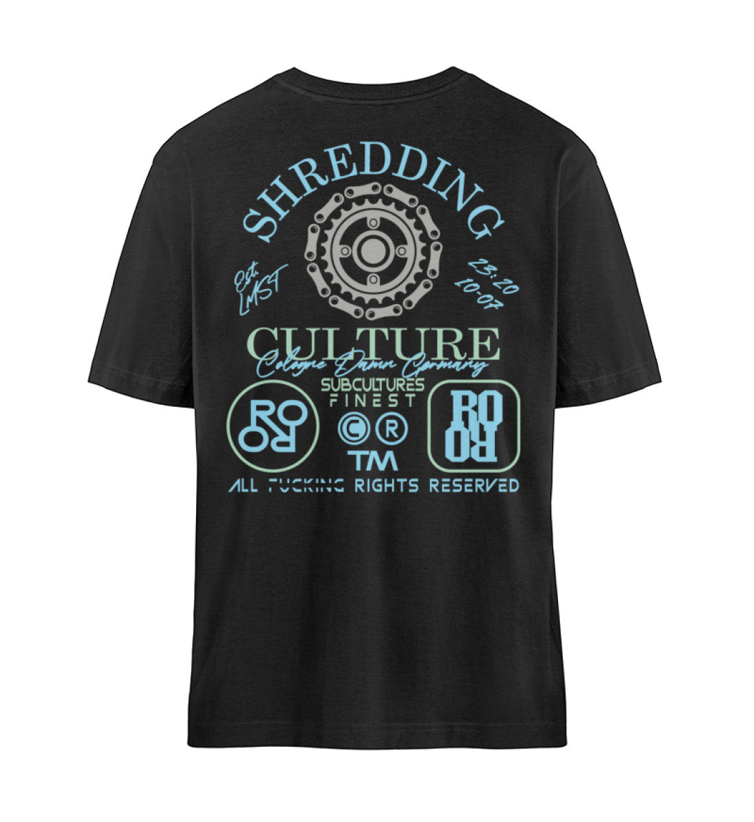 Schwarzes T-Shirt Unisex Relaxed Fit für Damen und Herren bedruckt mit dem Design der Roger Rockawoo Kollektion Mountainbike Shredding Culture Community