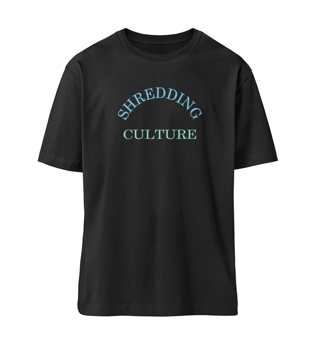 Schwarzes T-Shirt Unisex Relaxed Fit für Damen und Herren bedruckt mit dem Design der Roger Rockawoo Kollektion Mountainbike Shredding Culture Community