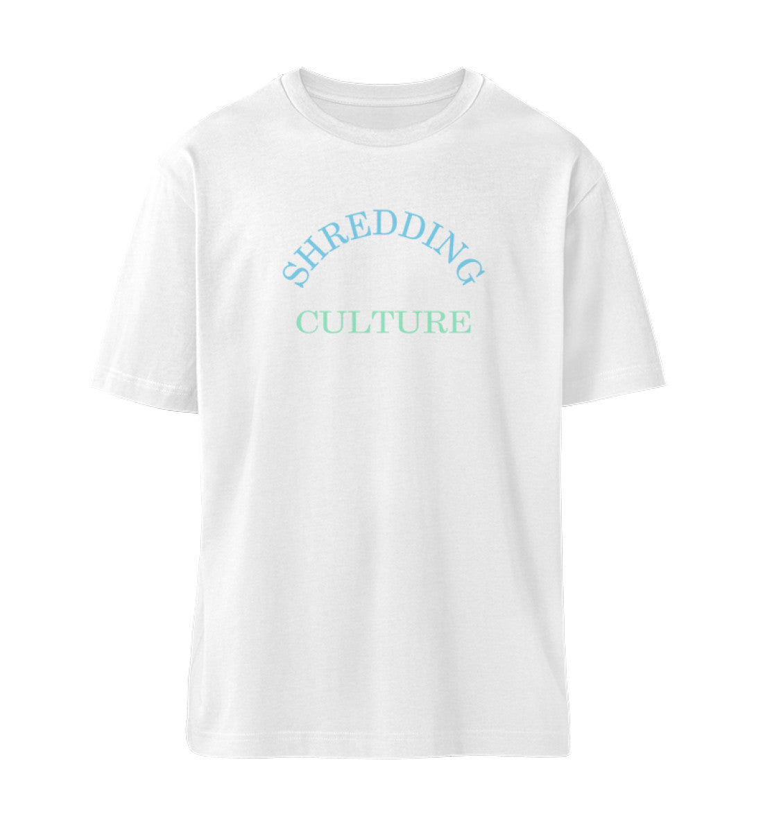 Weißes T-Shirt Unisex Relaxed Fit für Damen und Herren bedruckt mit dem Design der Roger Rockawoo Kollektion Mountainbike Shredding Culture Community