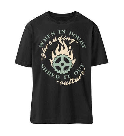 Black T-Shirt Unisex Relaxed Fit für Frauen und Männer bedruckt mit dem Design der Roger Rockawoo Kollektion Mountainbike Downhill and Freeride when in donut shred it out