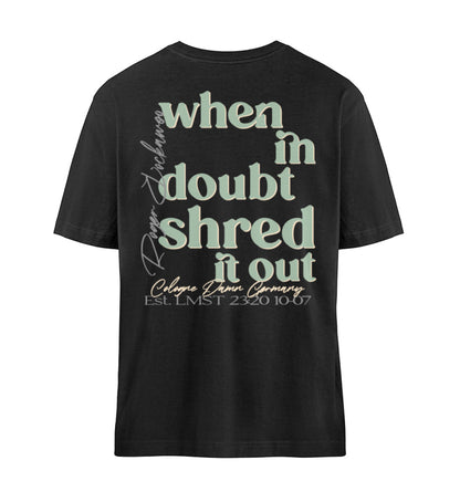 Black T-Shirt Unisex Relaxed Fit für Frauen und Männer bedruckt mit dem Design der Roger Rockawoo Kollektion Mountainbike Downhill and Freeride when in donut shred it out