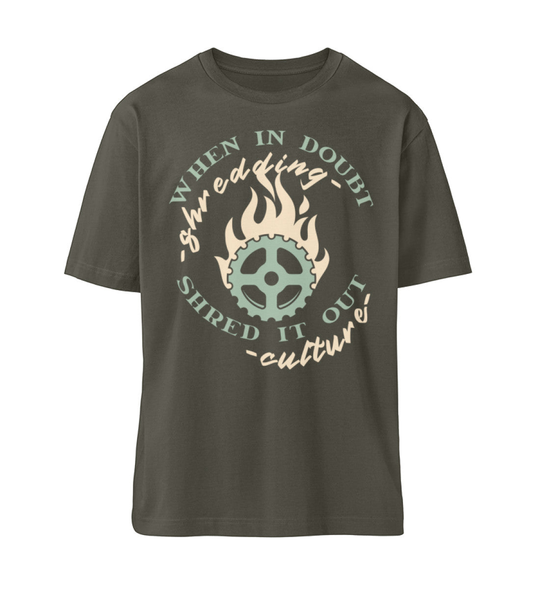 Khaki T-Shirt Unisex Relaxed Fit für Frauen und Männer bedruckt mit dem Design der Roger Rockawoo Kollektion Mountainbike Downhill and Freeride when in donut shred it out