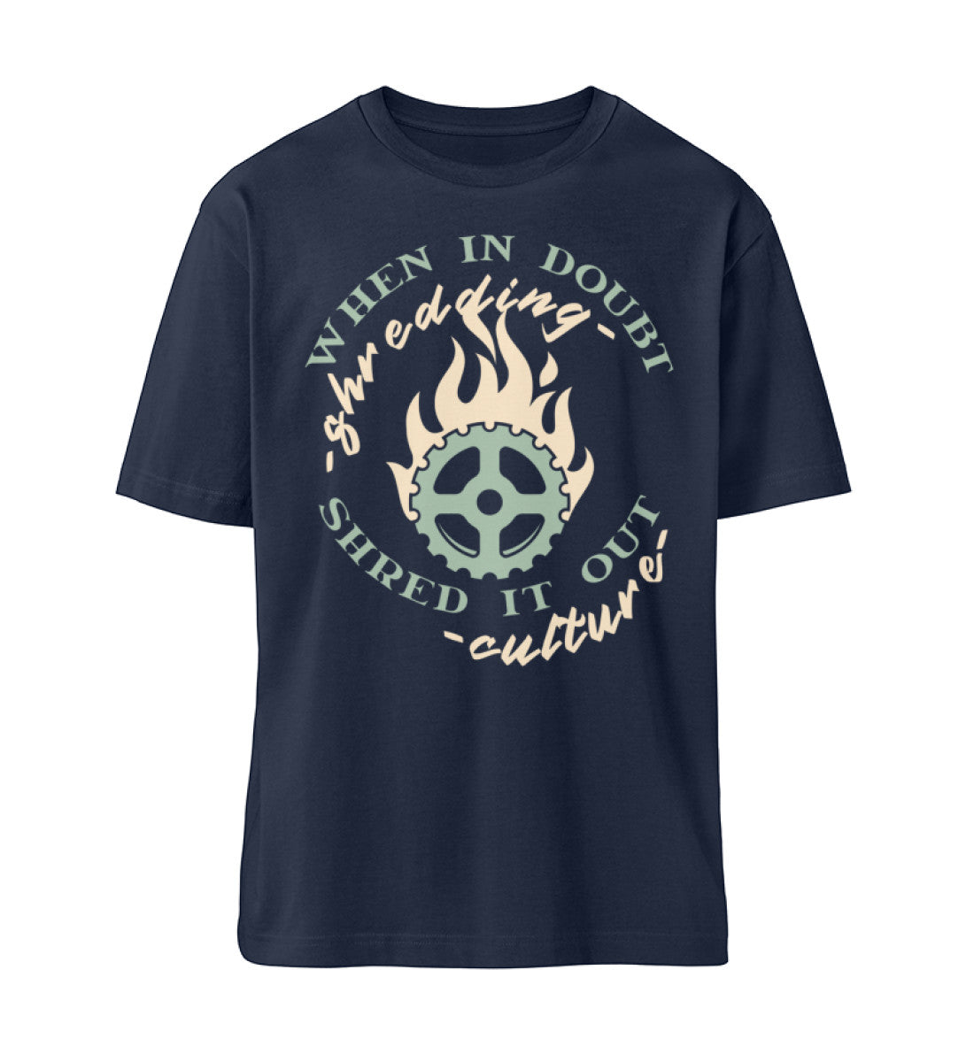 French Navy Blue T-Shirt Unisex Relaxed Fit für Frauen und Männer bedruckt mit dem Design der Roger Rockawoo Kollektion Mountainbike Downhill and Freeride when in donut shred it out