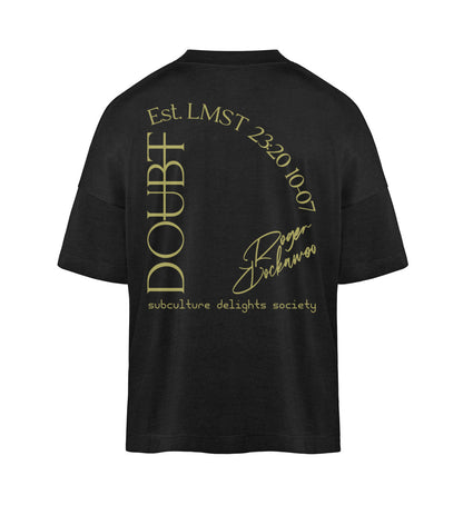 Schwarzes T-Shirt Unisex Oversize Fit für Frauen und Männer bedruckt mit dem Design der Roger Rockawoo Clothing no doubt