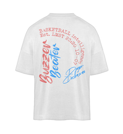 Weißes T-Shirt Unisex Oversize Fit für Frauen und Männer bedruckt mit dem Design der Roger Rockawoo Kollektion Basketball 3x3 Streetball