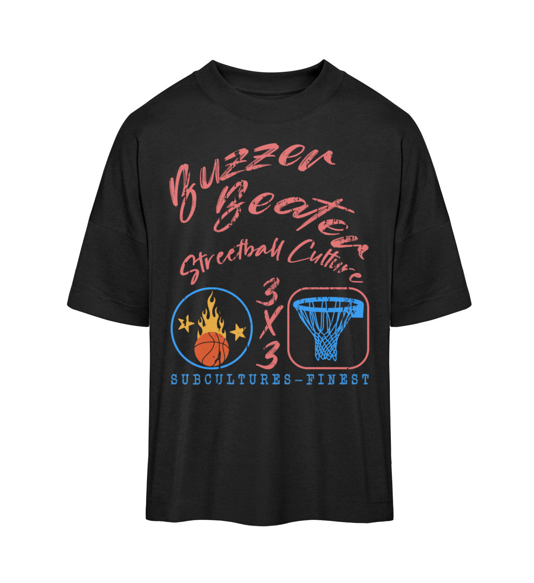 Schwarzes T-Shirt Unisex Oversize Fit für Frauen und Männer bedruckt mit dem Design der Roger Rockawoo Kollektion Basketball 3x3 Streetball