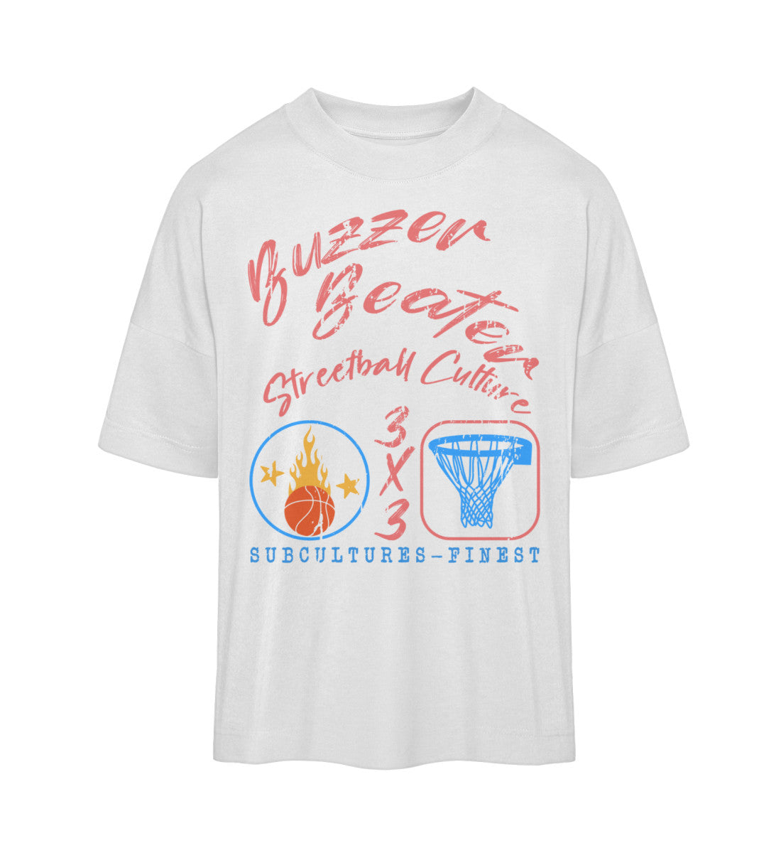 Weißes T-Shirt Unisex Oversize Fit für Frauen und Männer bedruckt mit dem Design der Roger Rockawoo Kollektion Basketball 3x3 Streetball