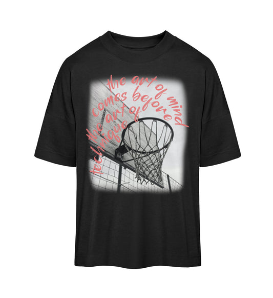 Schwarzes T-Shirt Unisex Oversize Fit für Frauen und Männer bedruckt mit dem Design der Roger Rockawoo Kollektion Basketball 3x3 Streetball Downtown