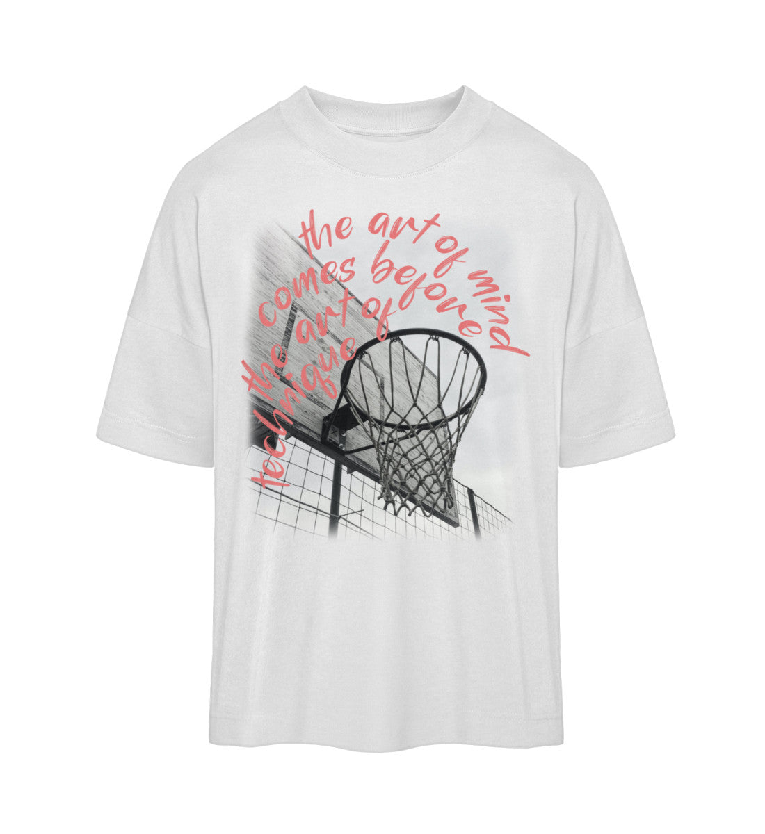 Weißes T-Shirt Unisex Oversize Fit für Frauen und Männer bedruckt mit dem Design der Roger Rockawoo Kollektion Basketball 3x3 Streetball Downtown