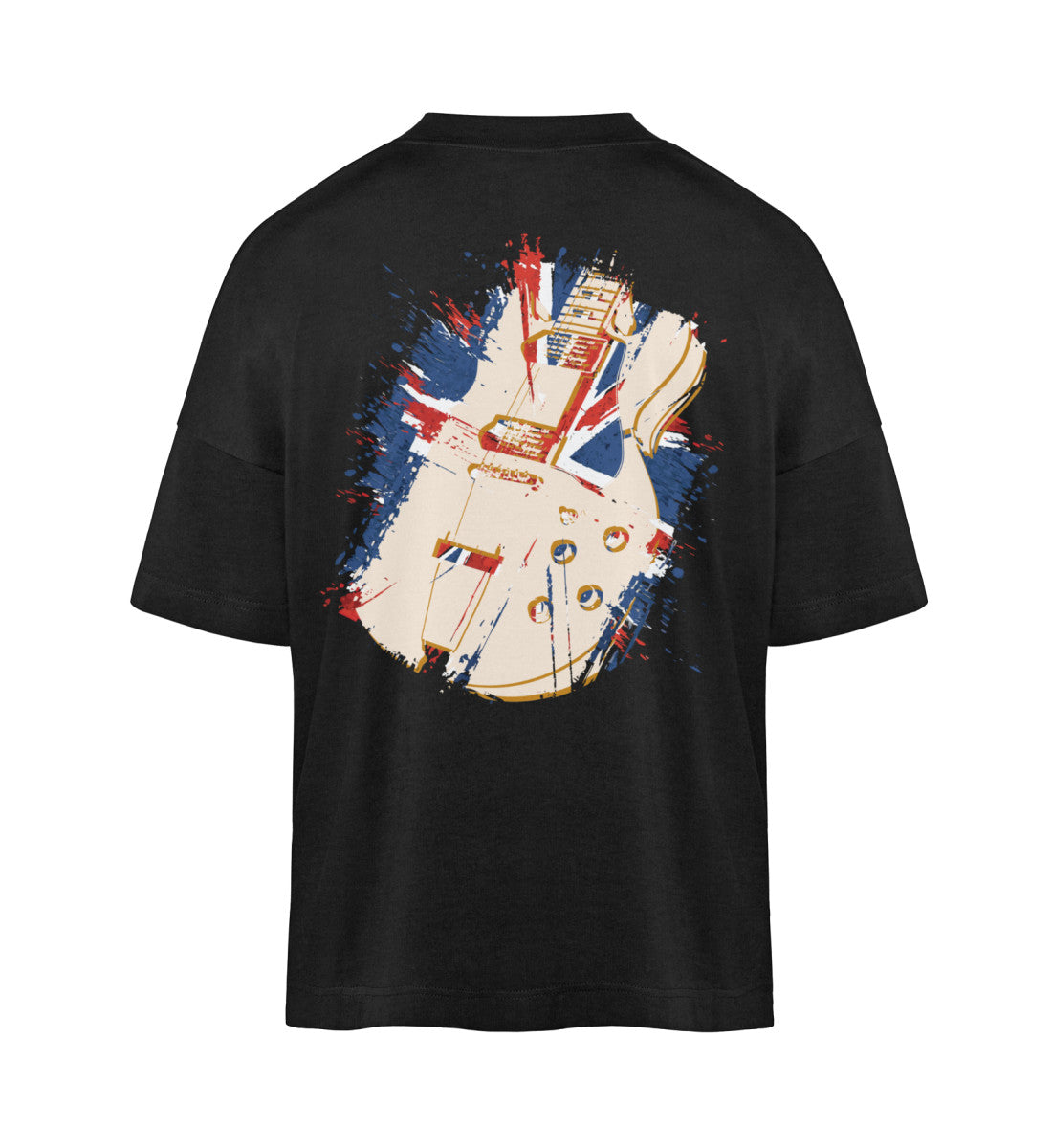 Weißes T-Shirt Unisex Oversize Fit für Frauen und Männer bedruckt mit dem Design der Roger Rockawoo Kollektion guitar britpop tragedy