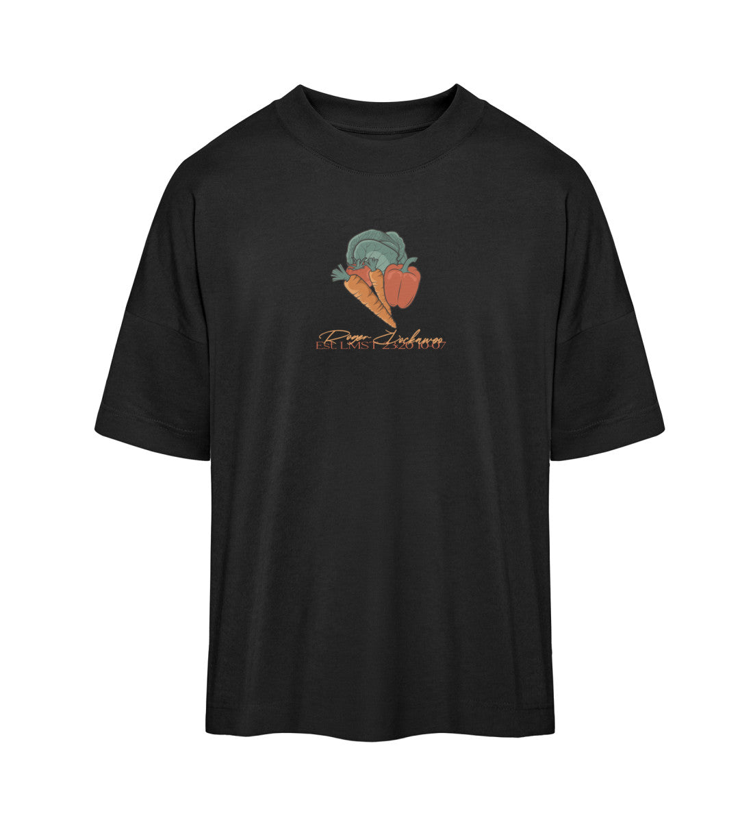 Schwarzes T-Shirt Unisex Oversize Fit für Frauen und Männer bedruckt mit dem Design der Roger Rockawoo Kollektion do your squats eat your veggies