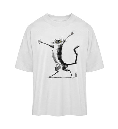 Weißes T-Shirt Unisex Oversize Fit für Frauen und Männer bedruckt mit dem Design der fraugau Katzen T-Shirt Kollektion crazy cat chaos im Roger Rockawoo Clothing Onlineshop