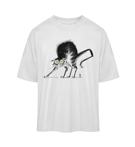 Weißes T-Shirt Unisex Oversize Fit für Frauen und Männer bedruckt mit dem Design der fraugau Katzen T-Shirt Kollektion do not panic im Roger Rockawoo Clothing Onlineshop