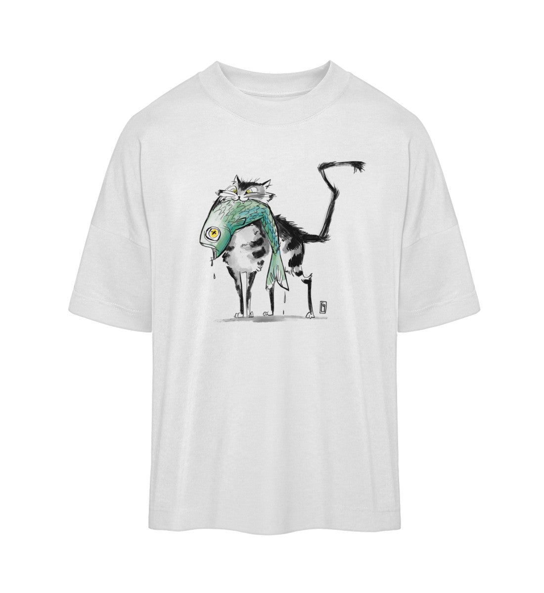 Weißes T-Shirt Unisex Oversize Fit für Frauen und Männer bedruckt mit dem Design der fraugau Katzen T-Shirt Kollektion how about the fish im Roger Rockawoo Clothing Onlineshop
