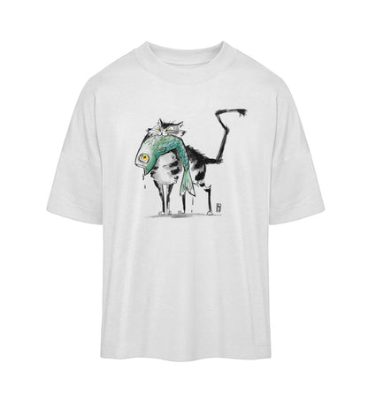 Weißes T-Shirt Unisex Oversize Fit für Frauen und Männer bedruckt mit dem Design der fraugau Katzen T-Shirt Kollektion how about the fish im Roger Rockawoo Clothing Onlineshop