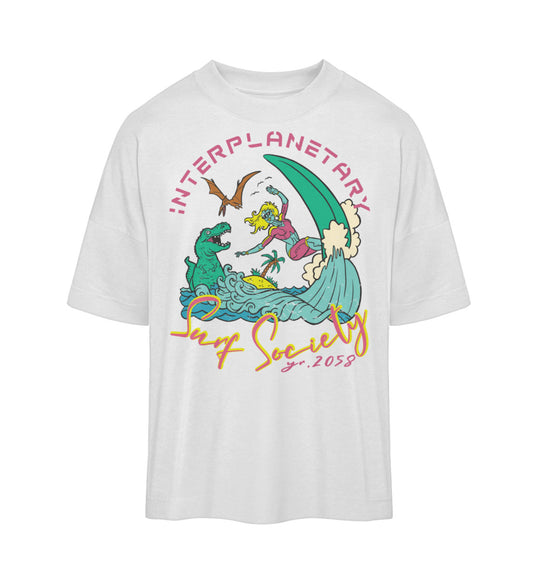 Weißes T-Shirt Unisex Oversize Fit für Frauen und Männer bedruckt mit dem Design der Roger Rockawoo Kollektion Interplanetary Surf Society