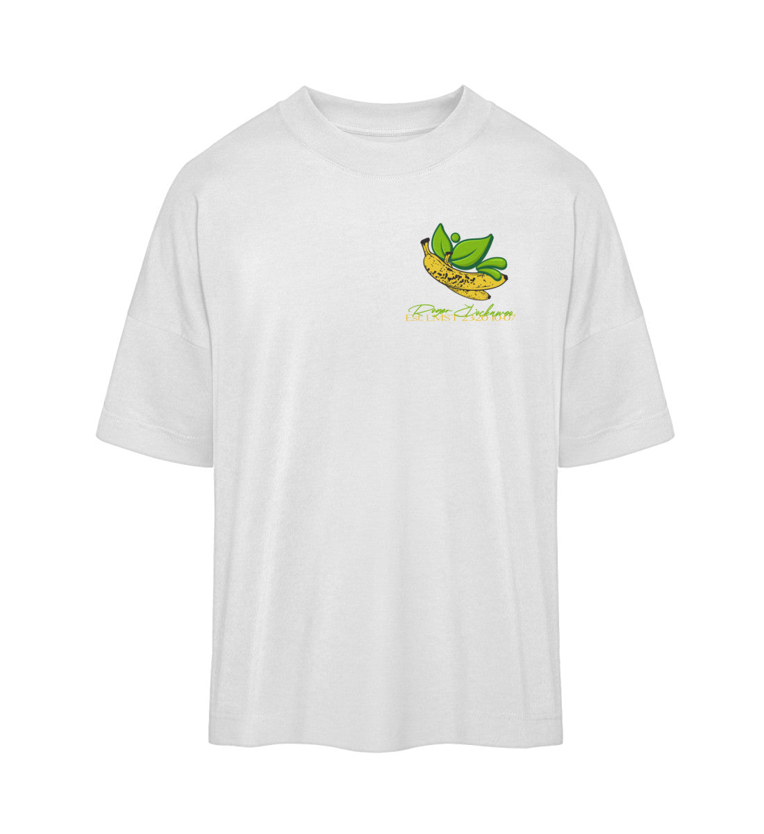 Weißes T-Shirt Unisex Oversize Fit für Frauen und Männer bedruckt mit dem Design der Roger Rockawoo Kollektion vegan as