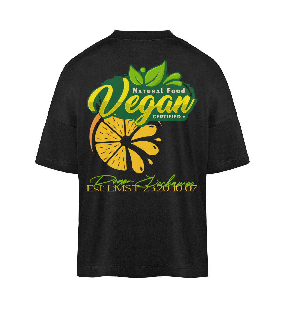 Schwarzes T-Shirt Unisex Oversize Fit für Frauen und Männer bedruckt mit dem Design der Roger Rockawoo Kollektion vegan as