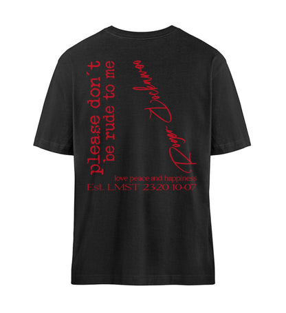 Schwarzes T-Shirt Unisex Relaxed Fit für Damen und Herren bedruckt mit dem Design der Roger Rockawoo Kollektion Please do not be rude