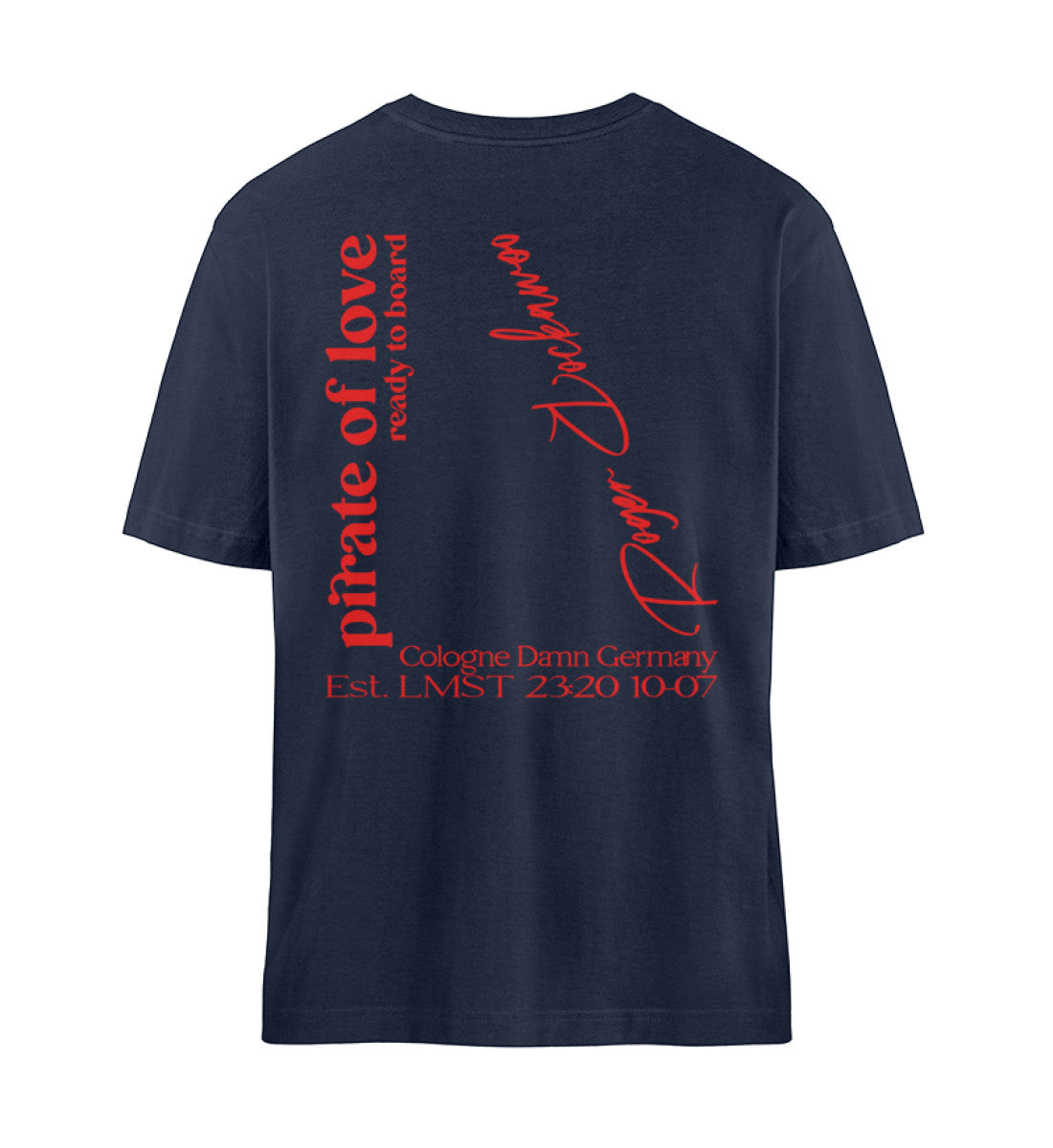 French Navy Blue T-Shirt Unisex für Damen und Herren in bedruckt mit dem Design der Roger Rockawoo Kollektion Pirate of love