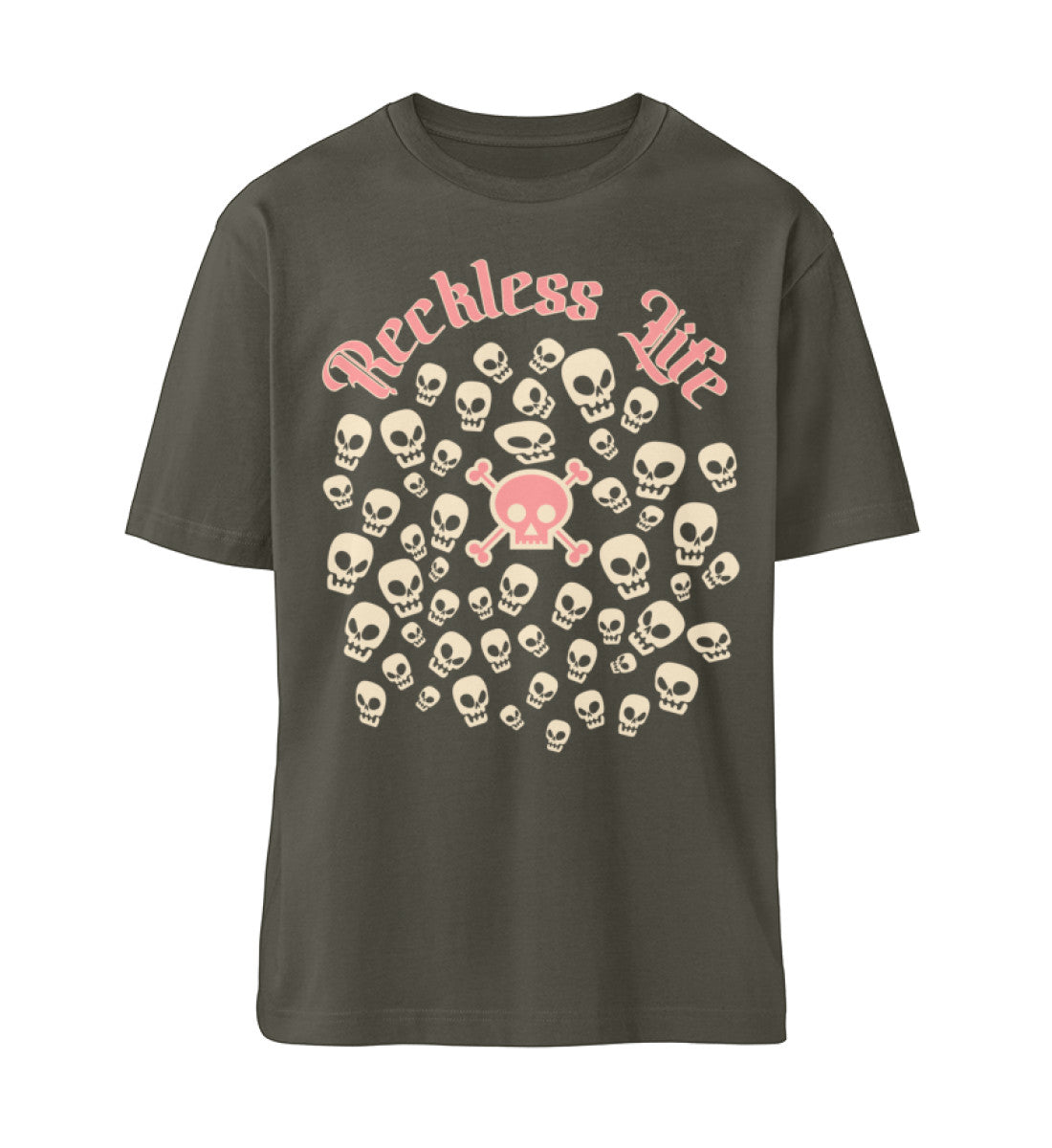 Khaki T-Shirt Unisex Relaxed Fit für Frauen und Männer bedruckt mit dem Design der Roger Rockawoo Kollektion reckless life