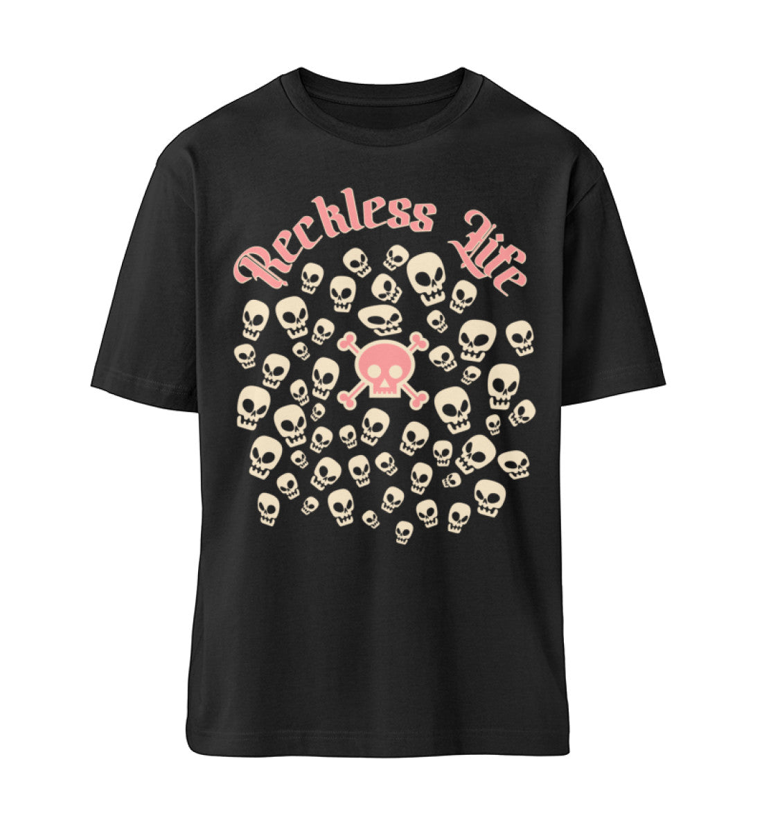 Schwarzes T-Shirt Unisex Relaxed Fit für Frauen und Männer bedruckt mit dem Design der Roger Rockawoo Kollektion reckless life