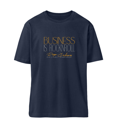 Navy blue farbiges T-Shirt Unisex für Damen und Herren in schwarz bedruckt mit dem Designs der Business is Rocknroll Kollektion und dem Logo Schriftzug von Roger Rockawoo Clothing