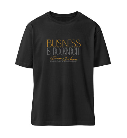 Schwarzes T-Shirt Unisex für Damen und Herren in schwarz bedruckt mit dem Designs der Business is Rocknroll Kollektion und dem Logo Schriftzug von Roger Rockawoo Clothing